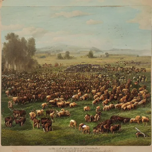 Image similar to large battle scene of cows vs chickens