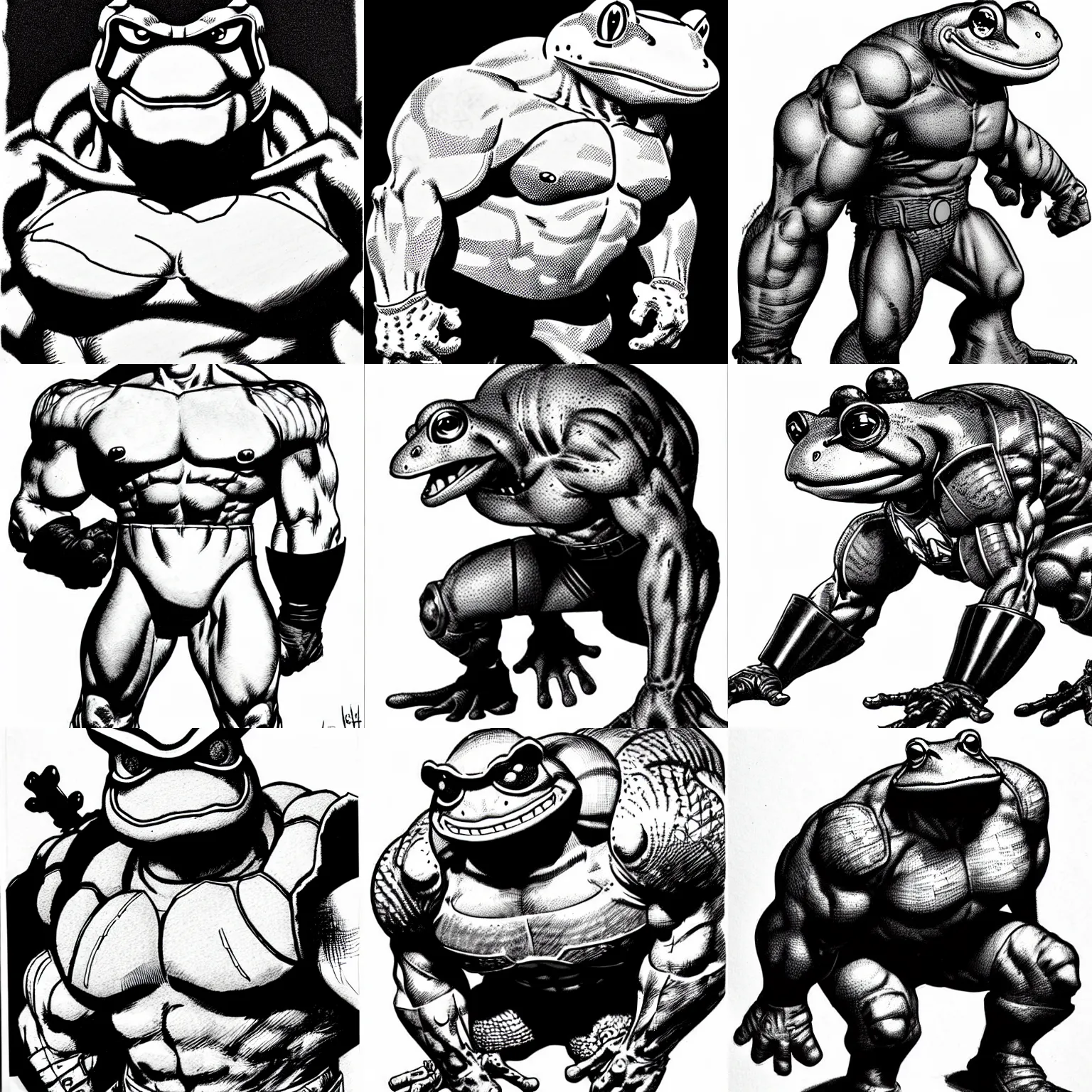 Image similar to toad animal!!! jim lee!!! sideview full shot!! flat grayscale ink sketch by jim lee close up in the style of jim lee, ( attention pose ) cyborg! rugged knight hulk toad animal superhero by jim lee