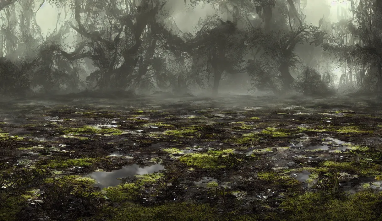 Image similar to realistic bubbling peat bog from which grow lush carnivorous plants, murky water, reflections, contrasting light, attention to detail, dark and dramatic atmosphere, volumetric fog, raytracing, back light, raymarching, by ilm, by digital domain, by weta digital