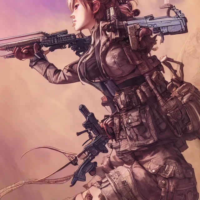 Image similar to the portrait of lawful neutral semi - colorful female infantry gunner as absurdly beautiful, gorgeous, elegant, young gravure idol, an ultrafine hyperdetailed illustration by kim jung gi, irakli nadar, intricate linework, bright colors, octopath traveler, final fantasy, unreal engine 5 highly rendered, global illumination, radiant light, detailed and intricate environment