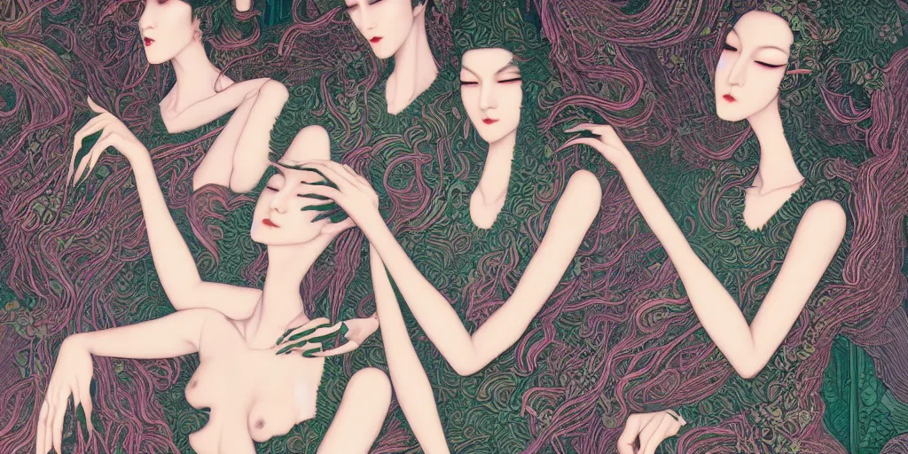 Image similar to breathtaking detailed concept art painting art deco pattern of goth goddesses amalgamation cannabis, by hsiao - ron cheng, bizarre compositions, exquisite detail, extremely moody lighting, 8 k