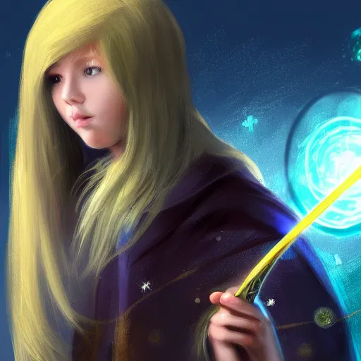 Image similar to A young mage with blonde hair holding a magical wand. Fantasy, digital painting, HD, 4k, detailed.