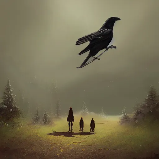 Image similar to a crow and a squirrel walking towards the horizon, matte painting, digital art, artstation,