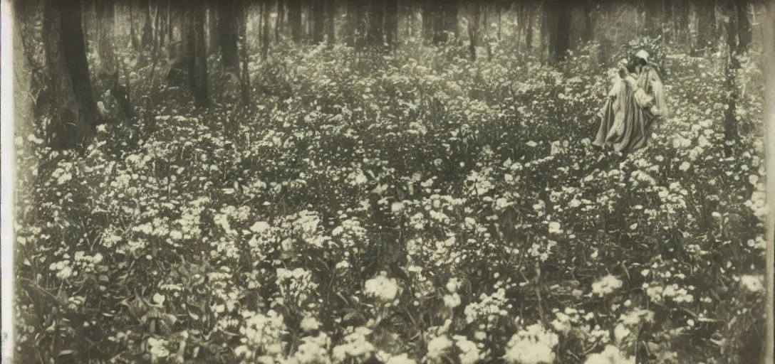 Image similar to beautiful woman on the ground covered in flowers, Forest, ray gods, 1910 polaroid photography