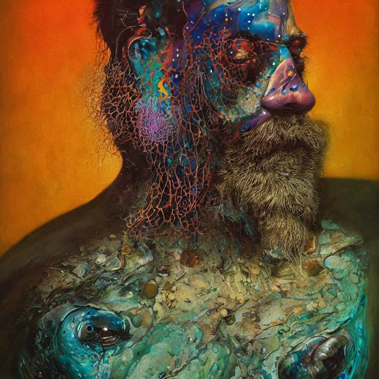 Image similar to Hyperrealistic intensely colored close up studio Photograph portrait of a deep sea bioluminescent Jon Hamm covered in chromatophores, symmetrical face realistic proportions eye contact, sitting on a Rock underwater, award-winning portrait oil painting by Norman Rockwell and Zdzisław Beksiński vivid colors high contrast hyperrealism 8k