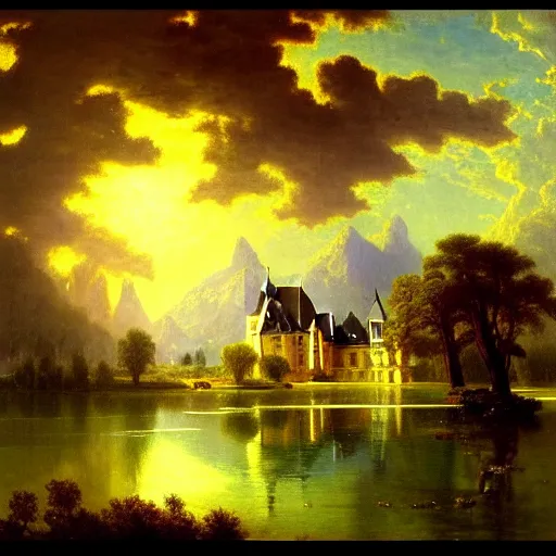 Image similar to beautiful illustration of chateau in a serene landscape, by albert bierstadt, magic realism, narrative realism, beautiful matte painting, heavenly lighting, retrowave, 4 k hd wallpaper