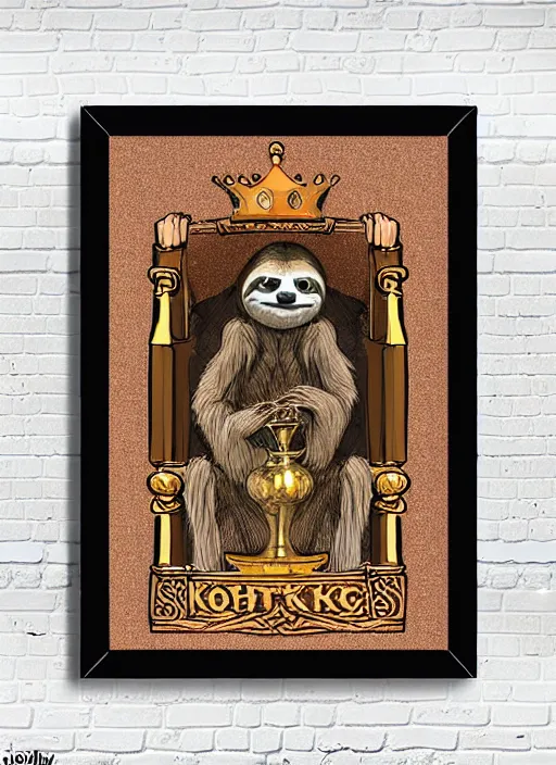 Image similar to sloth as the king of cups, copper cup, coper crown, poster framed, intricate details, medieval art style, high contrast, posterized