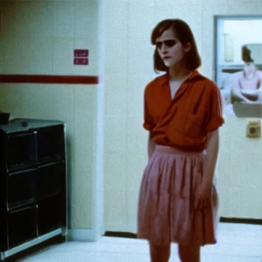 Image similar to photo, emma watson, film still from my mom is in jail ( 1 9 8 5 ), kodak ektachrome 1 2 0, 2 6 mm,