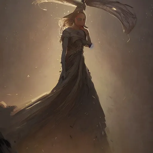 Image similar to a woman with dress balancing with wind, highly detailed, illustration, fantasy art, in the style of greg rutkowski, epic, fantasy, intricate, hyper detailed, artstation, concept art, smooth, sharp focus, ray tracing