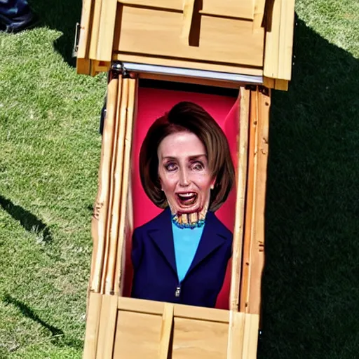 Image similar to demonic nancy pelosi in a coffin