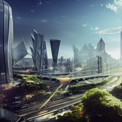 Image similar to hyper-realistic, large futuristic high tech city hidden underneath, tall buildings connected with bridges, luxuriant vegetation, flying cars, photoreal, dramatic sunlight highlights, in valley, amongst high mountains volumetric lighting, intricate details, octane render, cinematic, realism, high detail,unreal engine, vfx,