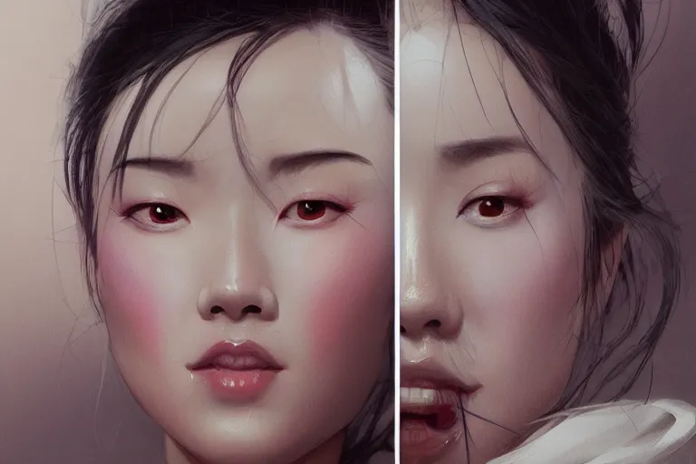 Prompt: Mulan, detailed face, very detailed, dramatic lighting, electrical details, high details, 4k, 8k, trending on artstation, by Greg Rutkowski, Wayne Barlowe, Hajime Sorayama and Boris Vallejo