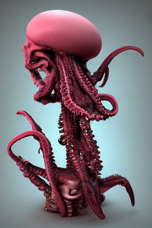 Image similar to a squid monster eating a person, john carpenter, eighties practical horror special effects, cosmic horror, protruding bones, trending on zbrush central, neoplasticism, lovecraftian, zbrush, biomorphic, nightcafe