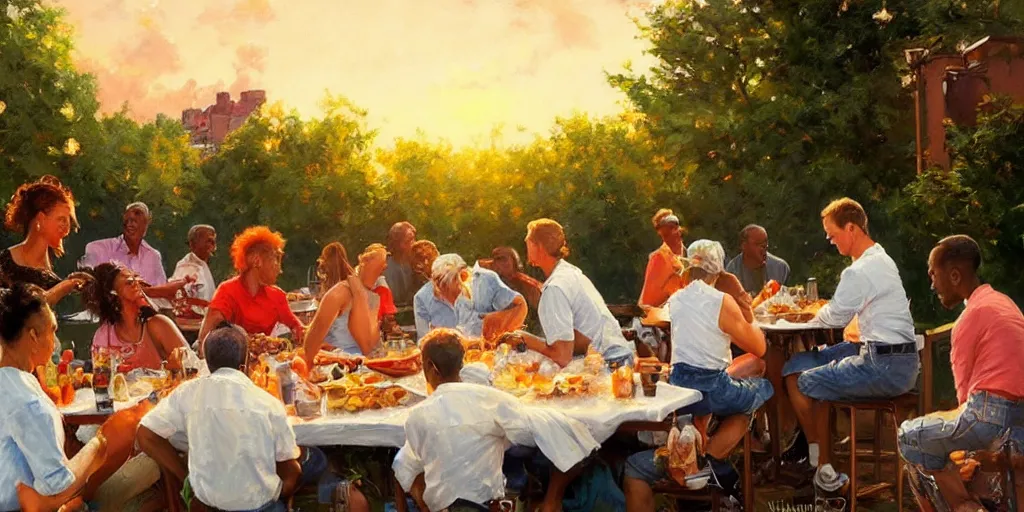 Prompt: backyard bbq in harlem in summer sunset, painting by vladimir volegov, norman rockwell, tom of finland, trending on artstation