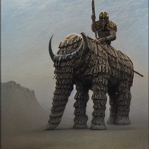 Prompt: mammoth rider concept art, clad in ancient norse armor, beksinski