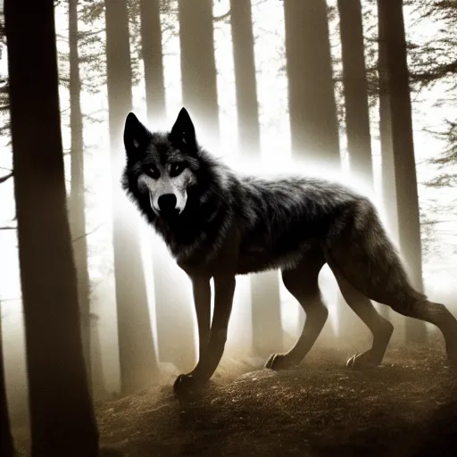 Image similar to werecreature consisting of a wolf and a human, photograph captured in a dark forest