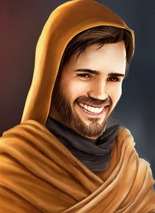 Image similar to a brown haired young man with stubble, short hair, wearing brown jedi robes, smiling, close up, portrait style, star wars atmosphere, photographic print, artgerm, hyper - realistic