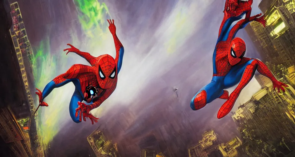 Prompt: tobey maguire's spider - man vs anthropomorphic lizard, reptile, creepy poster, alex ross art, air brush, oil paint, radiant light, caustics, heroic, bright iridescent light, cinematic shot, high quality, very epic, ultra detailed, 8 k.