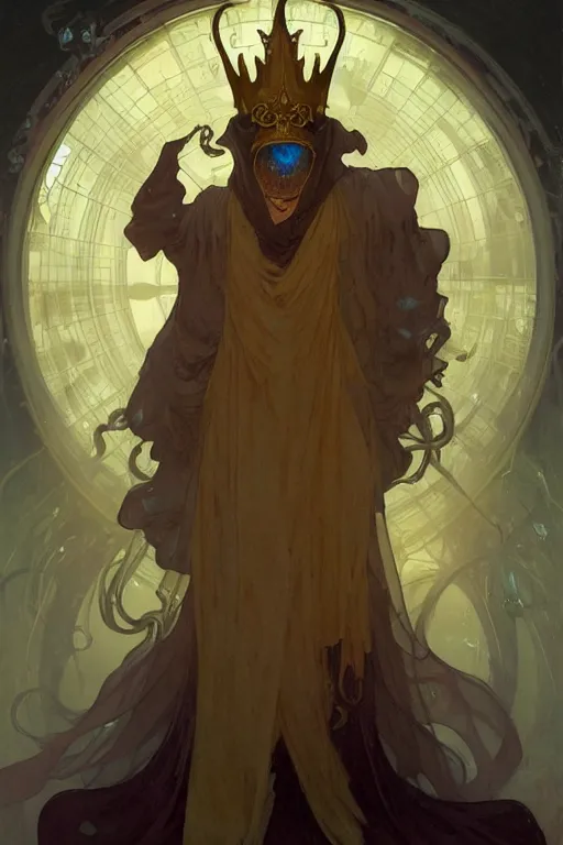 Prompt: A full body portrait of a mysterious character with no face with a very long hooded yellow cloak, a golden crown floating above his head, tentacles coming out the ground art by Artgerm, Greg Rutkowski, Alphonse Mucha, Craig Mullins, James Jean, Andrei Riabovitchev, Marc Simonetti and peter mohrbacher, sharp focus, ominous, cosmic horror, trending on artstation, Ultra detailed, hyper realistic 4k