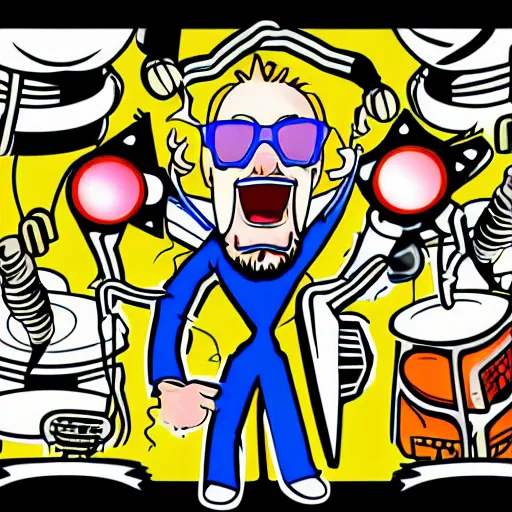 Image similar to svg vector sticker of absolutely insane-mad-scientist-villain, rocking out, wearing headphones, huge speakers, dancing, rave, DJ, spinning records, digital art, amazing composition, rule-of-thirds, award-winning, trending on artstation, featured on deviantart