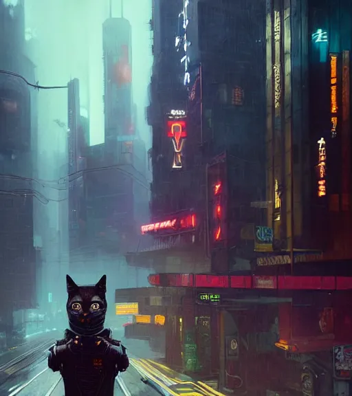 Image similar to new york city portrait of furry anthro anthropomorphic stylized cat head android service droid robot machine fursona wearing gloomy rainy screenshot from the video game cyberpunk 2077 digital art by Greg Rutkowski, Simon Stalenhag, christopher nolan trending on Artstation, CGSociety