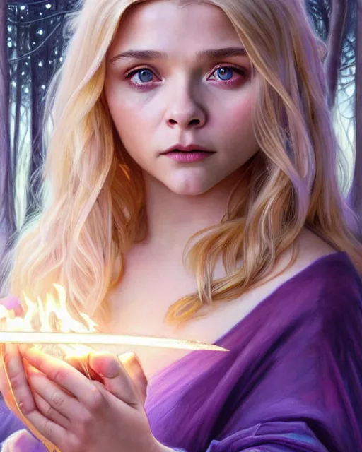Prompt: cute young mage chloe grace moretz casting a spell, blonde hair, forest, purple heavy cloak and chemise, fantasy character portrait, ultra realistic, intricate, elegant, highly detailed, digital painting, artstaion, smooth, sharp, focus, illustration, art by artgerm and greg rutkowski and alphonse mucha
