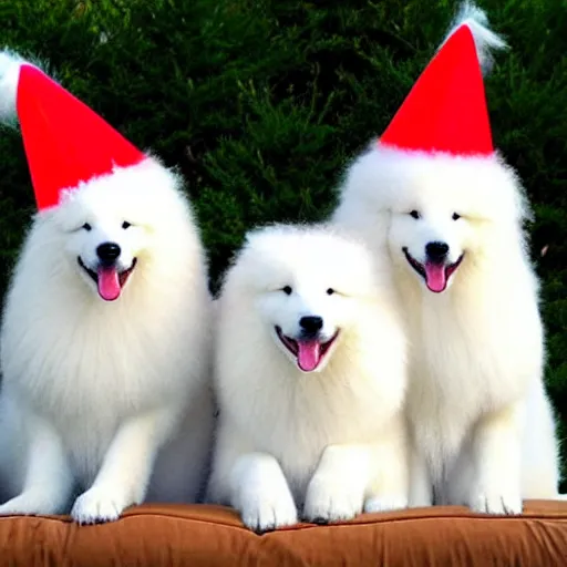 Image similar to realistic, sharp, several white and fluffy samoyeds sitting on the couch wearing birthday hats and smiling to you, happy, cute