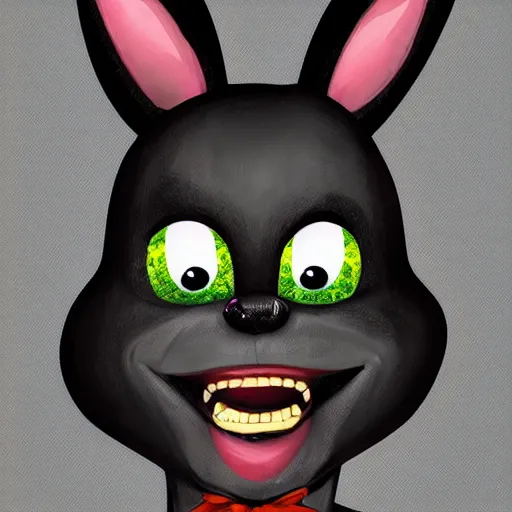 Image similar to A extremely highly detailed majestic hi-res beautiful, highly detailed head and shoulders portrait of a scary terrifying, horrifying, creepy black cartoon rabbit with scary big eyes, earing a shirt laughing, hey buddy, let's be friends, in the style of Walt Disney