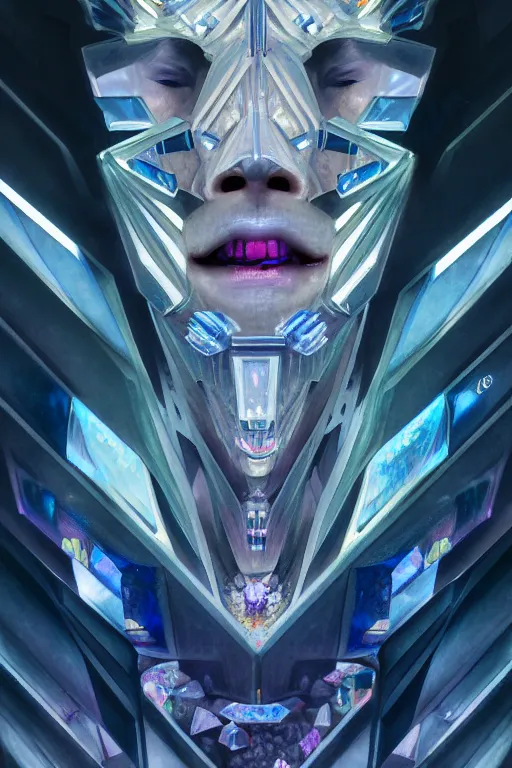 Prompt: dreamland of chinese, ghost, sharp, slender and densely arranged teeth, futuristic, expressive, dystopian, cyberpunk, mecha, halfturn portrait of a big crystal face made of crystals half - turn, ominous, intricate, studio, art by anthony macbain + greg rutkowski + alphonse mucha, concept art, 4 k, sharp focus