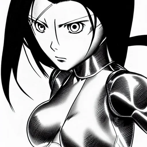 Image similar to alita by yukito kishiro. medium shot. black and white manga. pencil drawing.