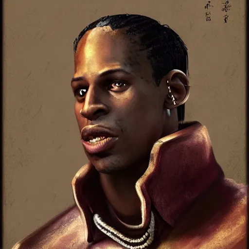 Prompt: travis scott as a knight, a character portrait by weiwei, cgsociety, sots art, official art, art, character,