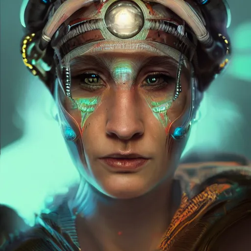 Image similar to detailed portrait of a futuristic sci - fi shaman in an impressive scene. extremely detailed. beautiful lighting. trending on artstation.