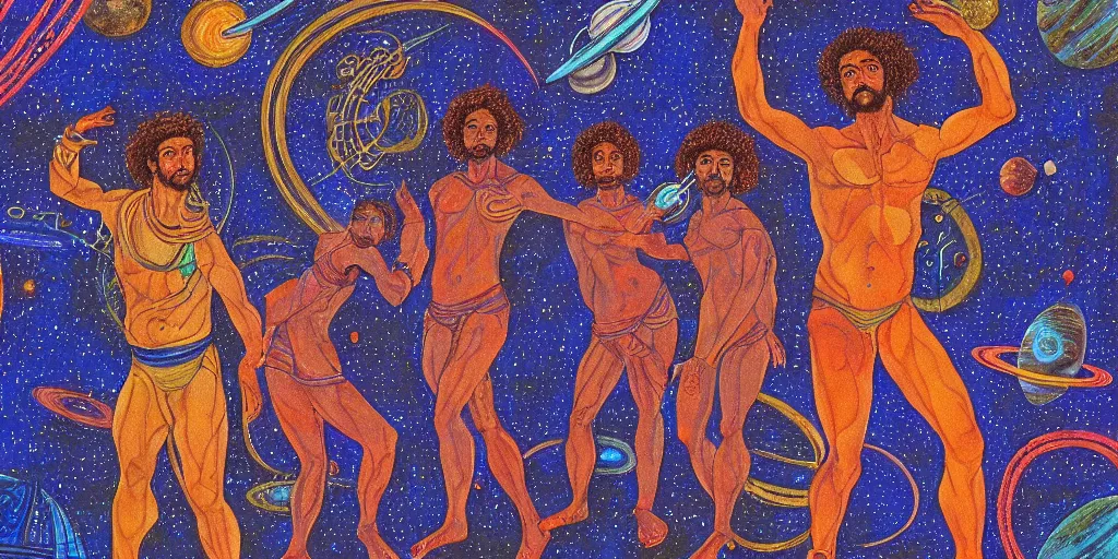 Image similar to an abstract space station background, a multiracial greek god dancing, clear eyes. 2 4 mm, photorealistic, muted color scheme, directed by mati klarwein