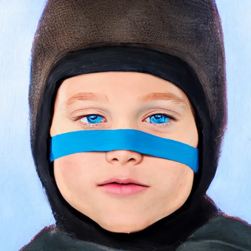 Prompt: a detailed portrait of a boy wearing a black ski mask, blue eyes, art illustration, incredibly highly detailed and realistic, 8 k, sharp focus