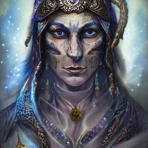 Image similar to an Artstation 3d render of Very very very very highly detailed beautiful mystic portrait of a phantom warrior with galaxy, tattoos by Anton Pieck, intricate, extremely detailed, digital painting, artstation, concept art, smooth, sharp focus, illustration, intimidating lighting, incredible art,