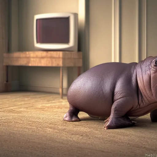 Prompt: a baby hippo lives in a cozy house. it likes to sit on the sofar and watch tv. digital art. 3 d render, photorealistic, hyper realistic, imax 7 0 mm, ue 5, octane.