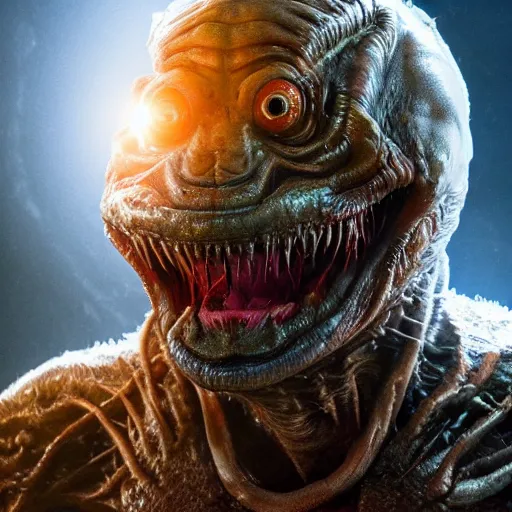 Image similar to hyperrealistic image of info wars alex jones as the thing film alien, stunning 3 d render, inspired by istvan sandorfi & greg rutkowski & unreal engine, full body shot, perfect symmetry, dim volumetric cinematic lighting, 8 k octane comprehensive render, extremely hyper - detailed, incredibly lifelike attributes, intricate, real flesh texture, masterpiece, artstation, stunning,