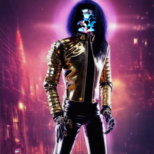 Image similar to beautiful!! futuristic cyberpunk michael jackson the devil. wearing super gem clothes, gold science fiction machinery, highly detailed 8 k hdr smooth sharp focus high resolution award - winning photo photorealistic