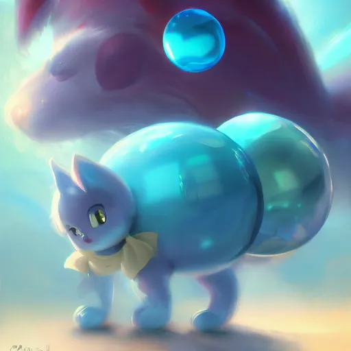 Image similar to cinematic portrait of cute aqua Mew riding large blue bubble, oil on canvas, epic masterpiece, trending on artstation, featured on pixiv, cinematic composition, dramatic pose, beautiful lighting, sharp, details, hyper-detailed, HD, HDR, 4K, 8K