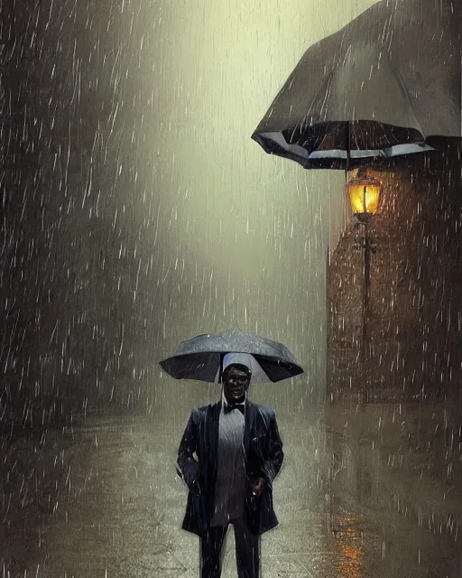 Prompt: a highly detailed portrait of black man smiling in the rain in a back tuxedo, intricate, digital painting, old english, raining, sepia, particles floating, whimsical background by marc simonetti, artwork by liam wong