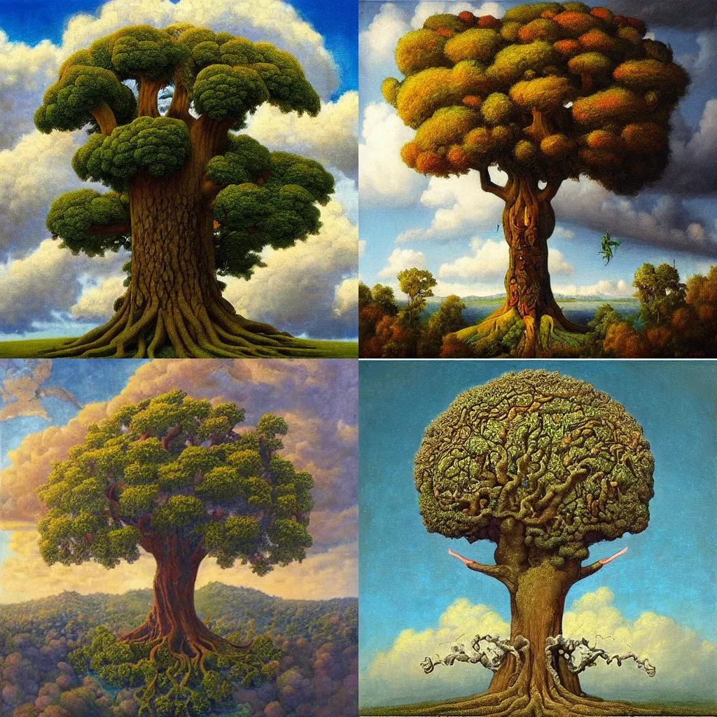 Prompt: “giant tree of life surrounded by puffy clouds, extreme detail, oil on canvas, in the style of Michael Hutter”