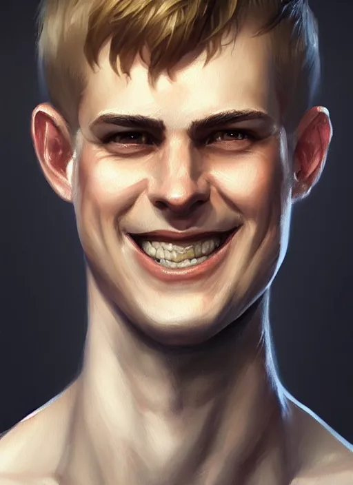 Image similar to a _ fantasy _ style _ portrait _ painting _ of white male short fringe light brown hair short face grinning clean shaven short head, rpg dnd oil _ painting _ unreal _ 5 _ daz. _ rpg _ portrait _ extremely _ detailed _ artgerm _ greg _ rutkowski _ greg