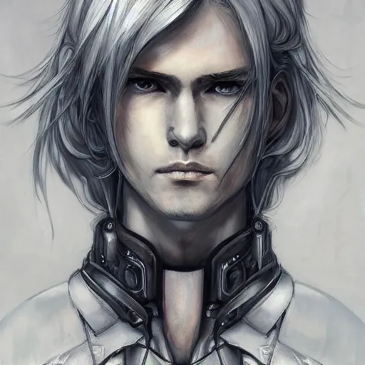 Image similar to portrait of an elf by ayami kojima, he is about 2 0 years old, androgenic, long white hair, slender and tall, smirk, he is wearing a modern tactical gear, scifi, highly detailed portrait, digital painting, artstation, concept art, smooth, sharp foccus ilustration, artstation hq