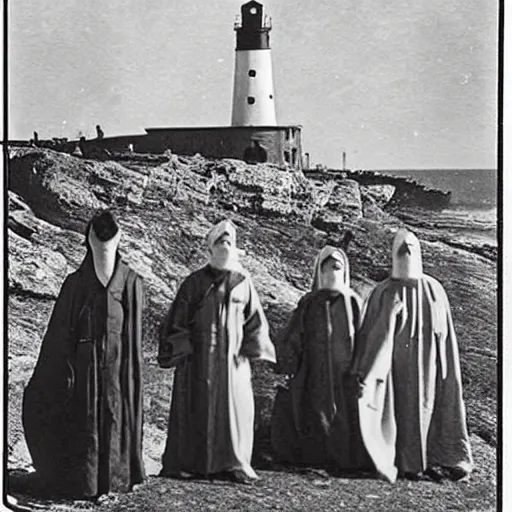 Prompt: worshippers dressed in robes belonging to the cult of the lighthouse. Dilapidated 1800s lighthouse. 1800s photo. Very detailed and clear image.