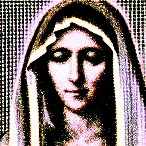 Prompt: vhs static overlay of virgin mary, vhs, 1 9 9 0, highly realistic, highly detailed, vhs noise static, black and white, vhs glitch