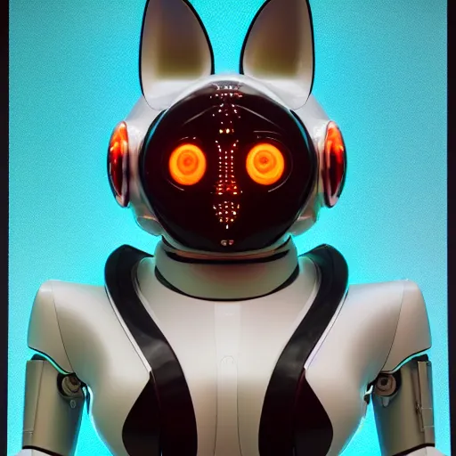 Image similar to product photo of a futuristic stylized pet robot, kitten puppy teddy mix, super cute robot face, big eyes small mouth, large ears, large tail, by artgerm and greg rutkowski and marc newson, alphonse mucha, zaha hadid, side view, volumetric light, detailed, octane render, midsommar - t