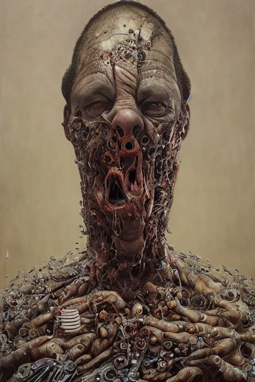 Image similar to paul blart full body portrait, highly detailed, body horror, biopunk, creative design, oil on canvas, by zdzisław beksinski, marco mazzoni, peter gric