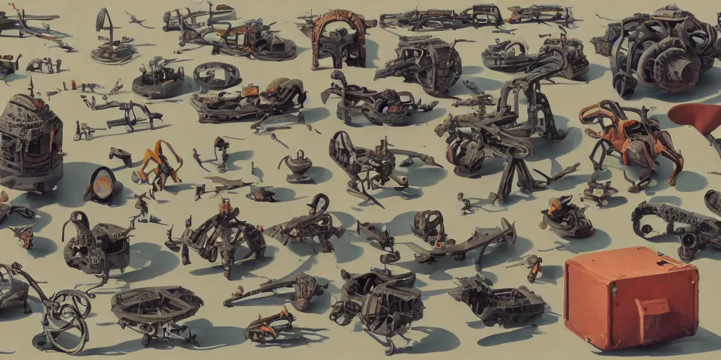 Image similar to collection of exploration of form and shapes, props, hard surface, panel, simon stalenhag, kitbash, items, gadget, big medium small, close up, vehicles, futuristic, parts, machinery, greebles, insanely detailed, case, hardware, golden ratio, wes anderson color scheme, in watercolor gouache detailed paintings