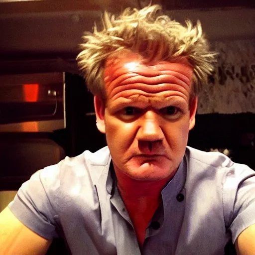 Image similar to gordon ramsey angry, selfie, phone camera, famous chef gordon ramsey, red face, mad, realistic photography