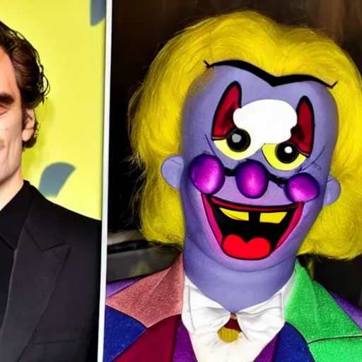 Prompt: spongebob wearing the costume and makeup of the joaquin phoenix joker from the film joker